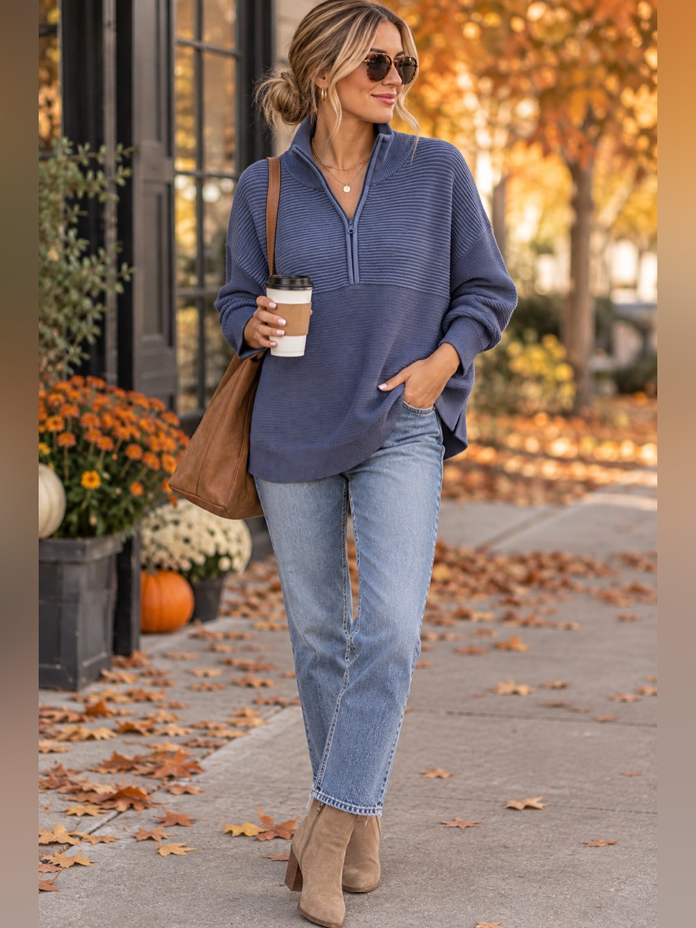 Offline by Aerie Blue Ribbed Oversized Quarter Zip Sweater Pullover Size Large